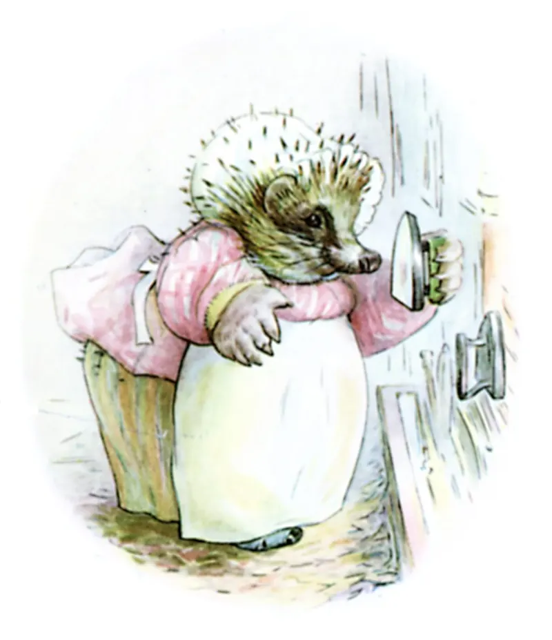 Beatrix Potter’s illustration of Mrs Tiggy-Winkle holding an iron
